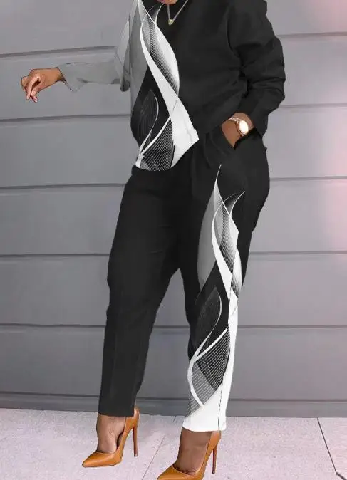 Женский Повседневный брючный костюм с принтом и длинным рукавом