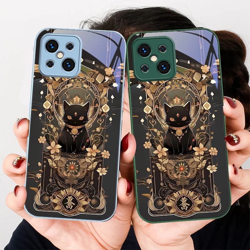 Lucky Black Cat Colorful For Find X5 X3 Lite Reno 6 4Z 5G OPPO A72 79 73 58 A54S OnePlus Nord N200 Tempered glass phone case