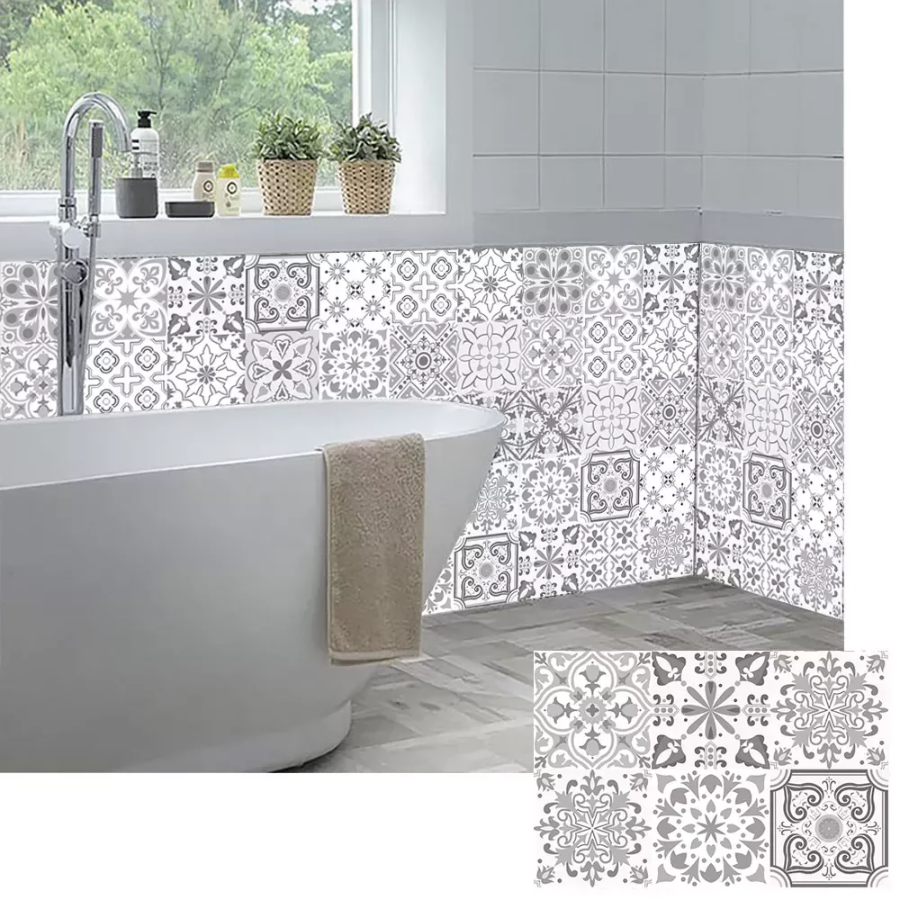 

Light Gray Strip Tiles Wall Sticker Bathroom Kitchen Tables Decoration Wallpaper Peel & Stick Waist Line Art Mural