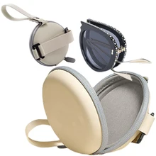 Trendy Folding Glasses Case Round Eyeglasses Storage Bag Leather Zipper Pouch Outdoor Traveling Sunglasses Small Storage Box