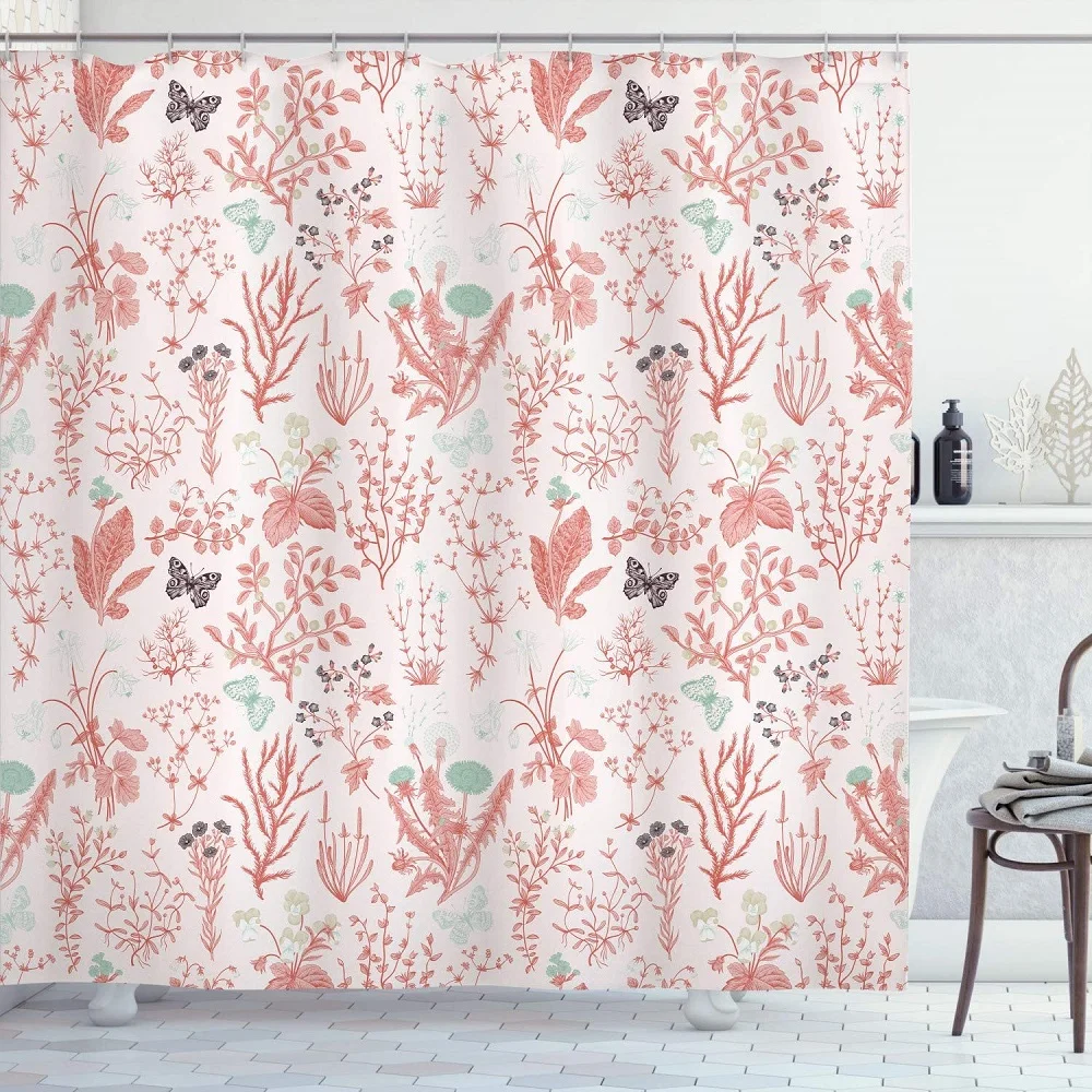 

Vintage Plants Floral Shower CurtainHerbs Flowers Botanical Classic Design Illustration Cloth Fabric Bathroom Decor with Hooks