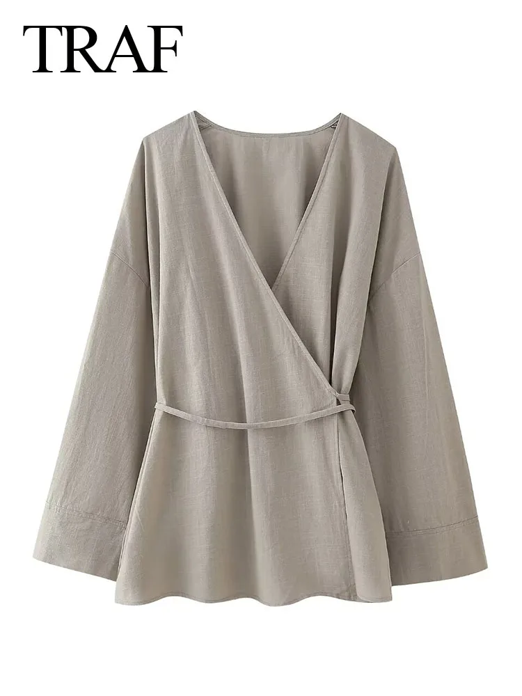 Блузка женская однотонная Асимметричная с V-образным вырезом и большими рукавами