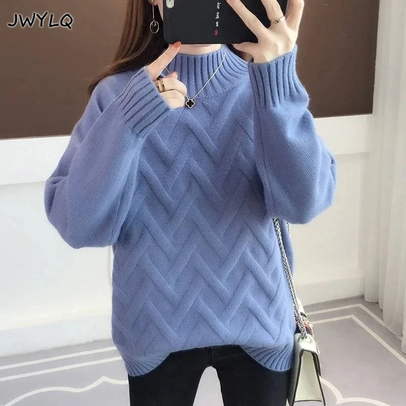 

2022 Half High Collar Pullover Sweater Women Solid Color Thread Loose Warm Long Sleeves 7 Colors Women Clothing Oversize Sweater