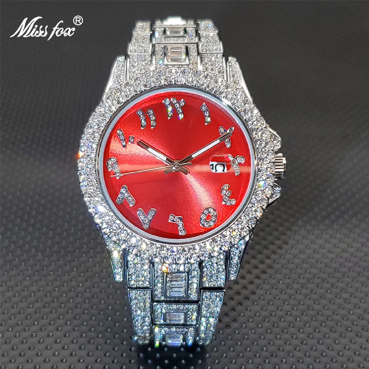 

Relogio Masculino New Ice Out Moissanite Bezel Red Sunburst Dial Luxury Men Quartz Wristwatches Waterproof Chromalight Watches