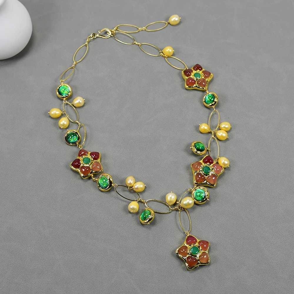

GG Jewelry Freshwater Cultured Yellow Rice Pearl Green Murano Glass Gold Edge Orange Agate Jade Necklace Lady Jewelry Gifts