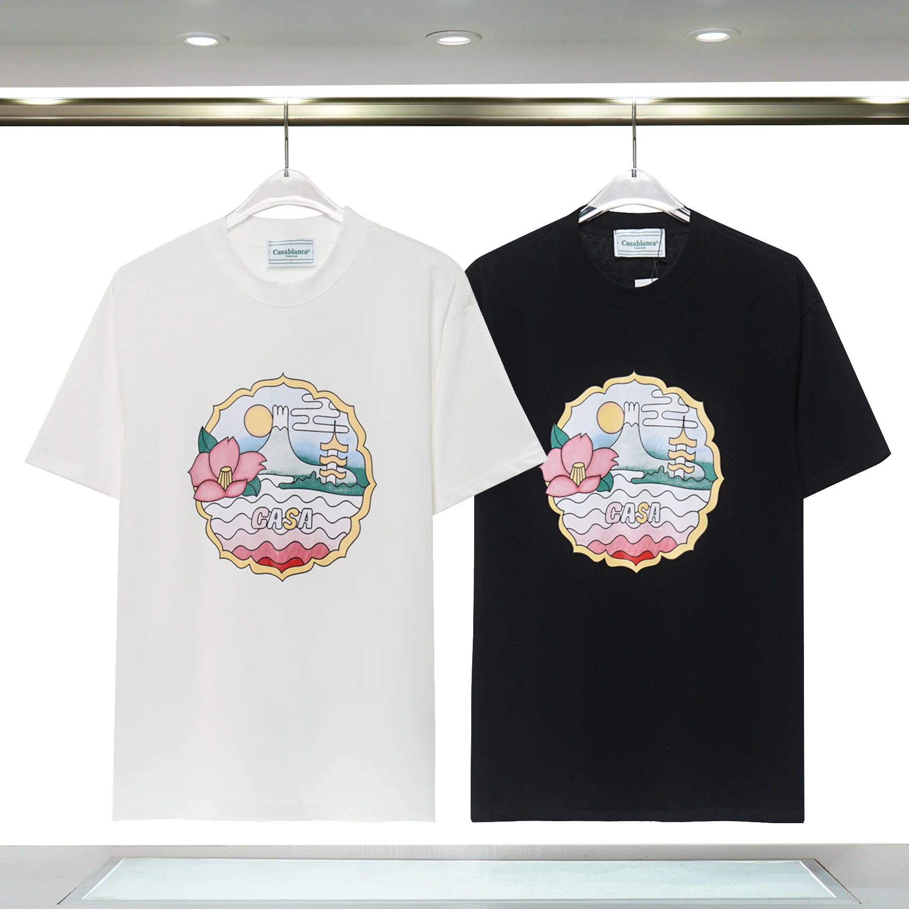 

Early Spring New 100% Cotton Casablanca 2023 Lotus Illustrated Print T-shirt High Quality Men's Women's Super Large T-shirt
