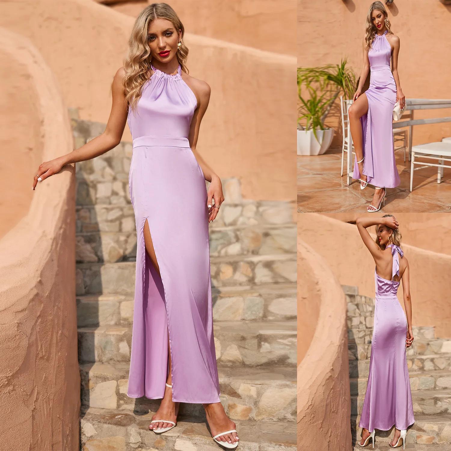 

2022 Spring Summer New Halter Backless Slim Dress Solid Color Long Purple Split Dress Women Sleeveless Sexy High Waist