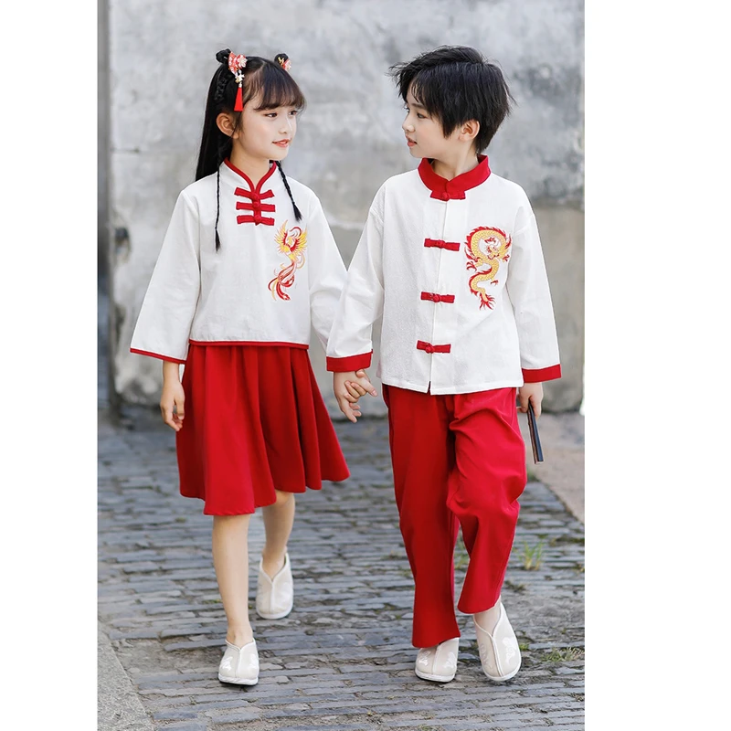 Китайская вышивка Hanfu Dragon хлопковый традиционный костюм Тан для мальчиков и