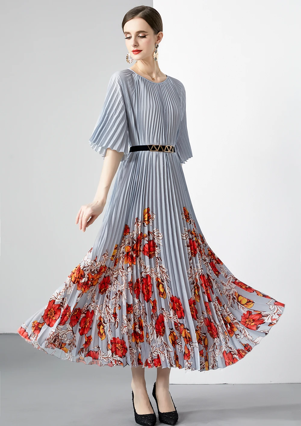 

2023 spring summer new style dress women's miyake pleated dress flower sea belt print big swing dress outwear