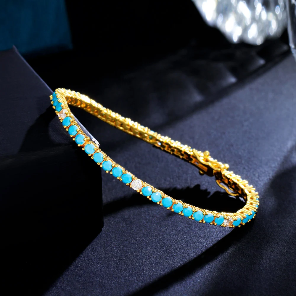 

ThreeGraces Beautiful Blue Cubic Zirconia Gold Color Small Round CZ Link Chain Bracelet for Women Fashion Party Jewelry BR327