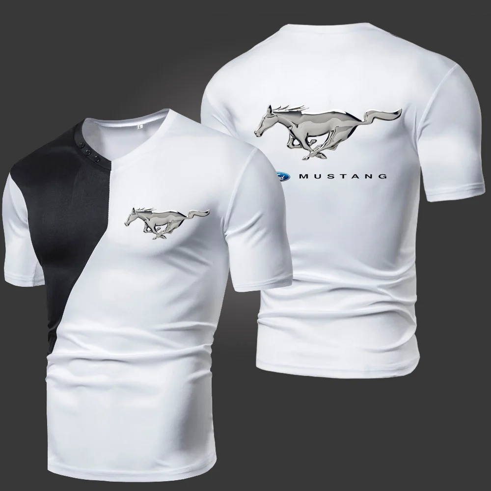 

Summer New Mustang Men's T-Shirts Solid Color Splicing Casual Breathable Sports Slim Fitting Short Sleeve V-Neck Spotswear