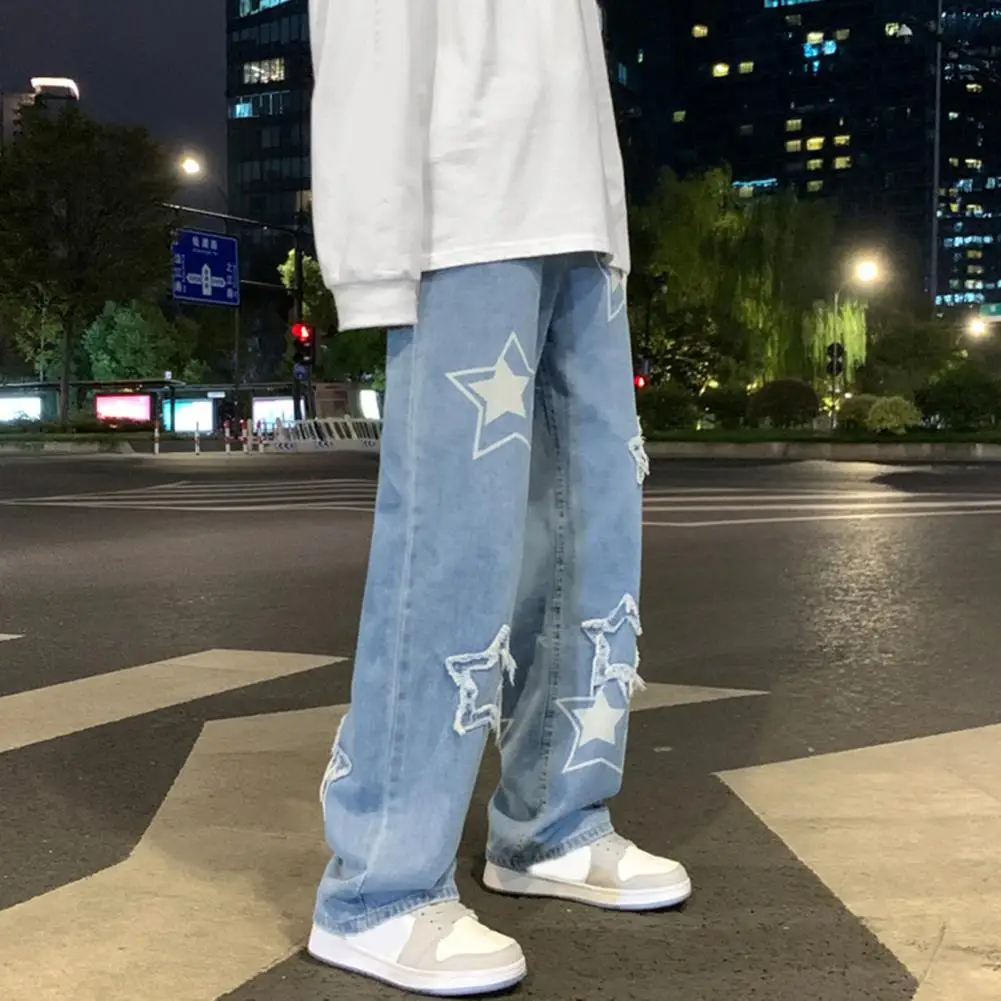 

Y2K Vintage Women's Men's Korean Denim Pants Cltohes Streetwear Printed Patchwork Male Baggy Jeans Straight Trousers For Men