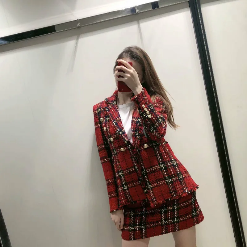 Red Tweed Plaid Blazers and Mini Dress 2023 Spring Women Patchwork Chic Blazers Cotton Jacket Suits Cool Girls Plaid Clothing