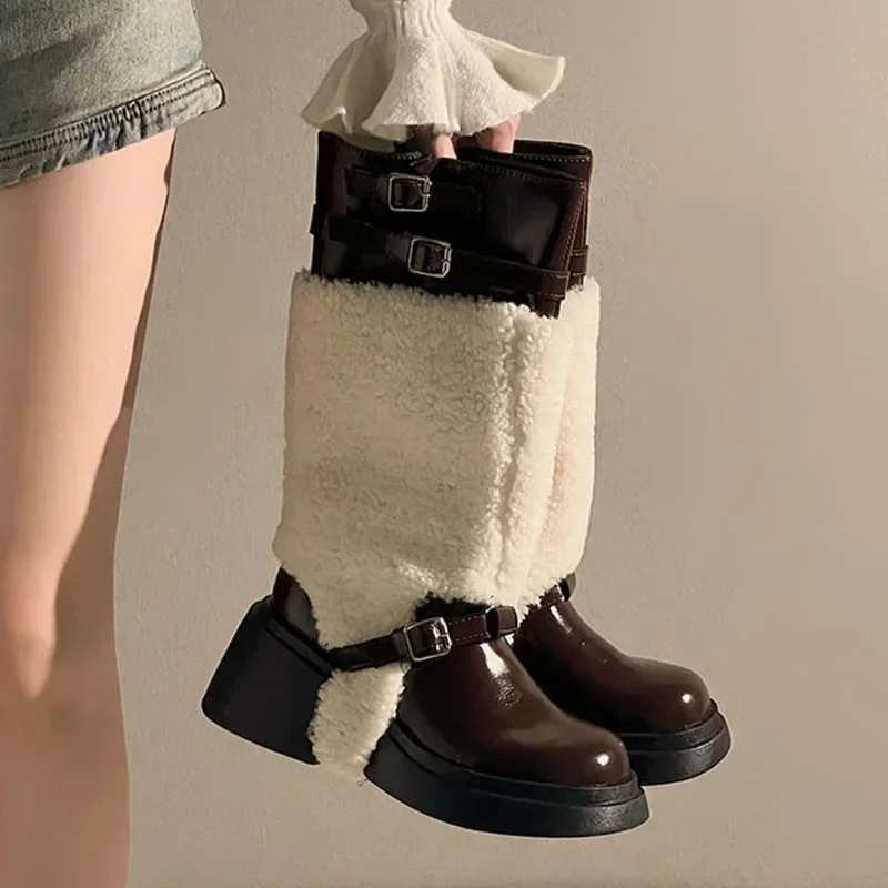 Меховые высокие сапоги на платформе женские дизайнерские новые среднем каблуке