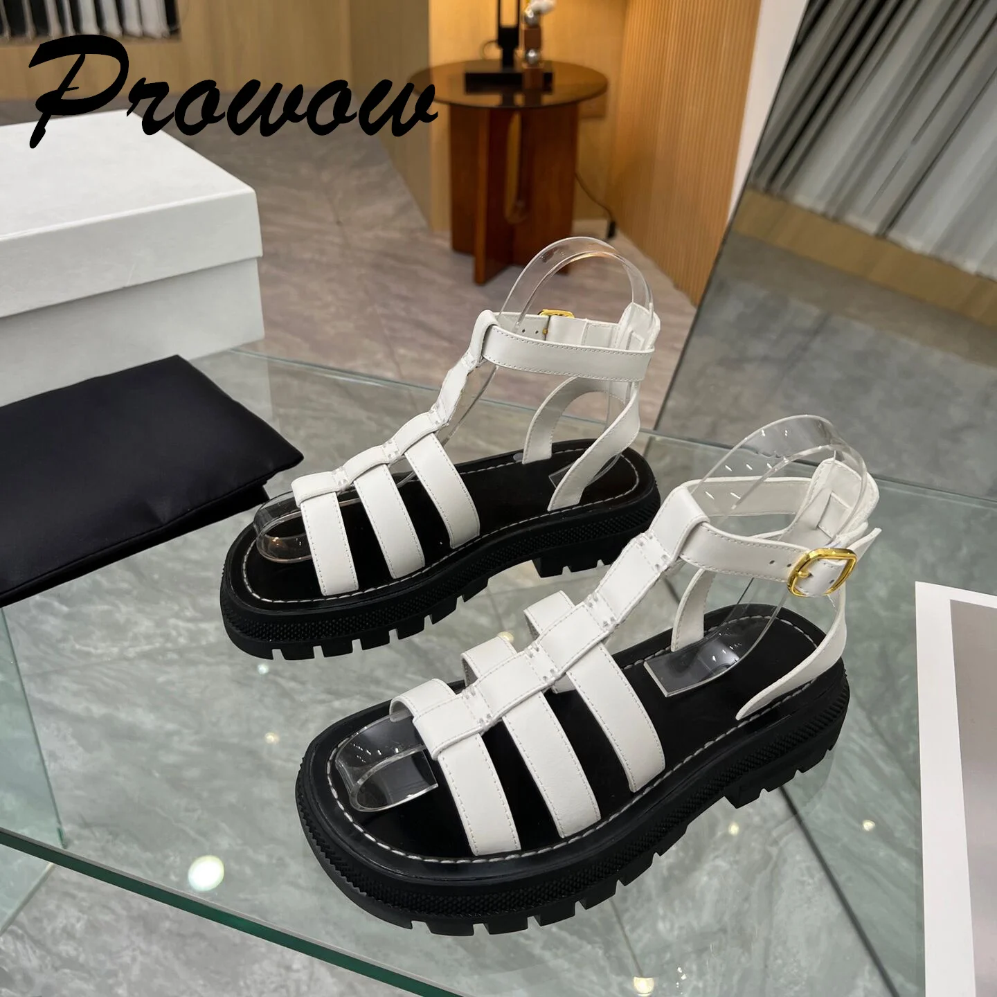 Prowow New Genuine Leather Original Quality Summer Flats Sandals Luxury Gold Decorate Ankle Wrap Platform Shoes Women