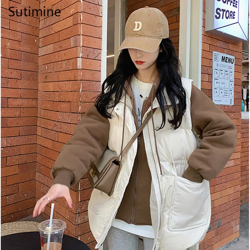 Coat Women Hooded Office Lady Color Contrast Mock Two-piece Winter Loose Korean Thickened Cotton Coat Pockets Winter Coat Women
