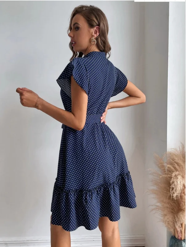 

Casual elegant slim sexy new dress,Polka Dot Print Women Vintage Sashes Dress for Summer Half Button Ruffled Mini Dresses A2023