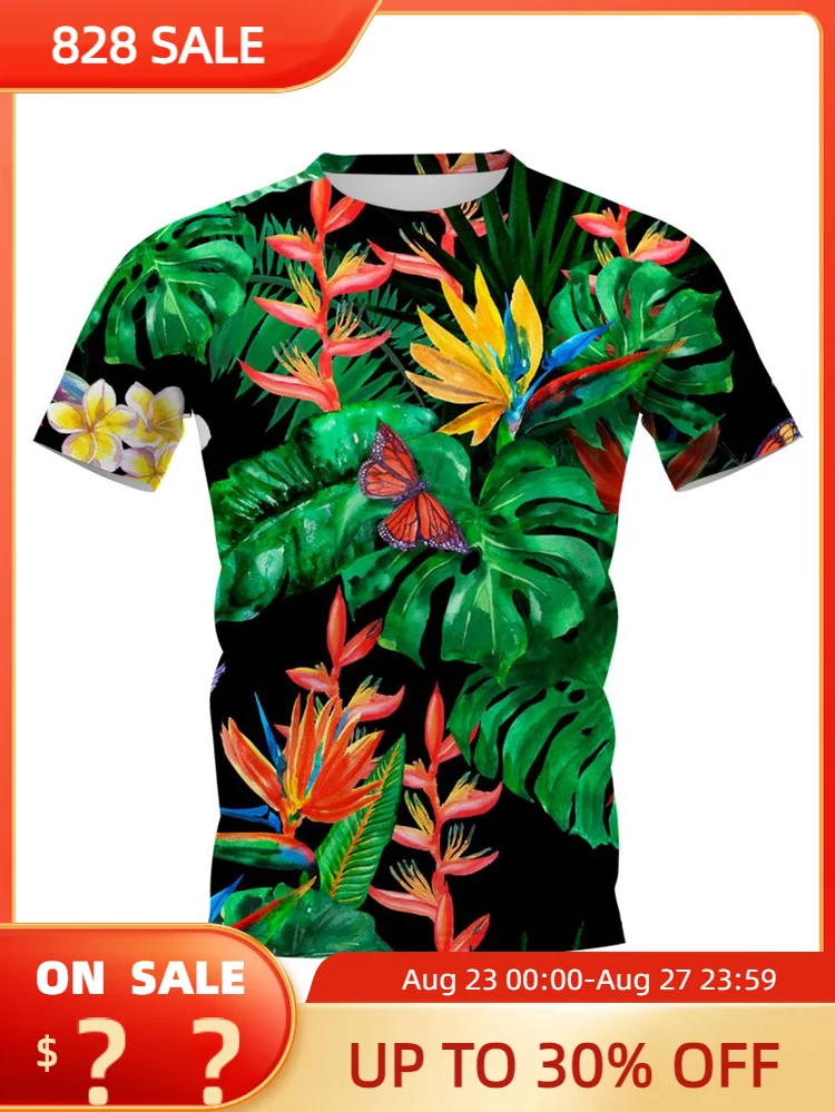 

Hawaiian Polynesian men's T-shirt, artistic clothing printed with tropical plant Monstra leaves, Harajuku beach O-neck men's clo