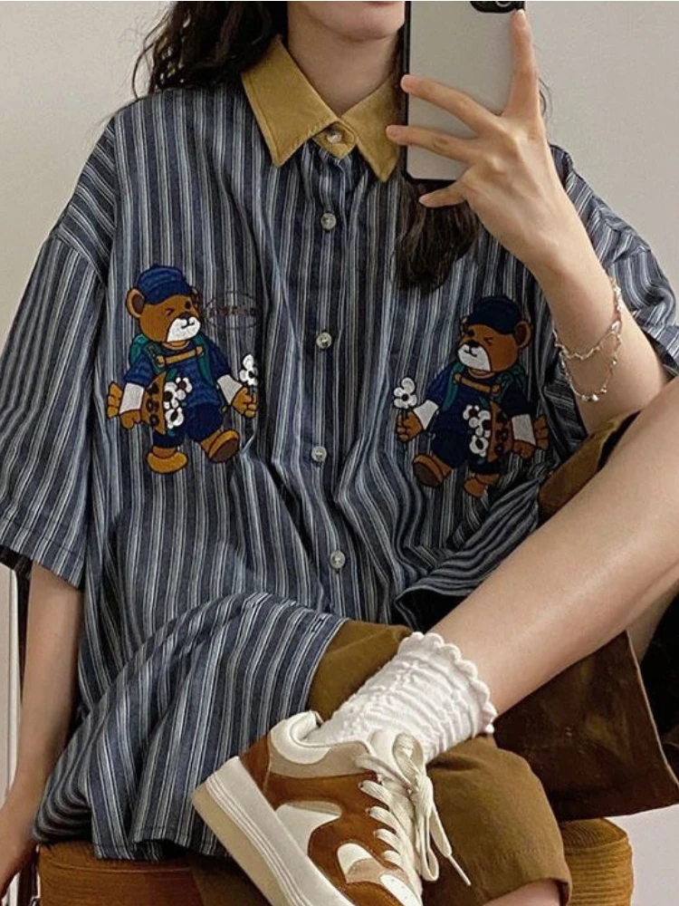 

Summer Japanese 2022 Y2k Blouses Turn Down Collar Striped Cartoon Graphic Women Shirt Contrast Color Vintage Casual Loose Shirts