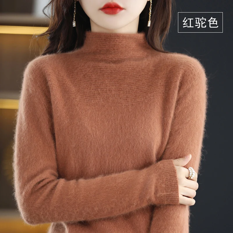 

100% Pure Mink Cashmere Women's Half High Neck Pullover Casual Knit Fashion Thickened Top for Warmth Autumn and Winter Korean