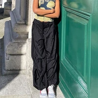 women cargo pants solid color adult drawstring waistband low waist loose long palazzo trousers wide leg fashion streetwear s m l