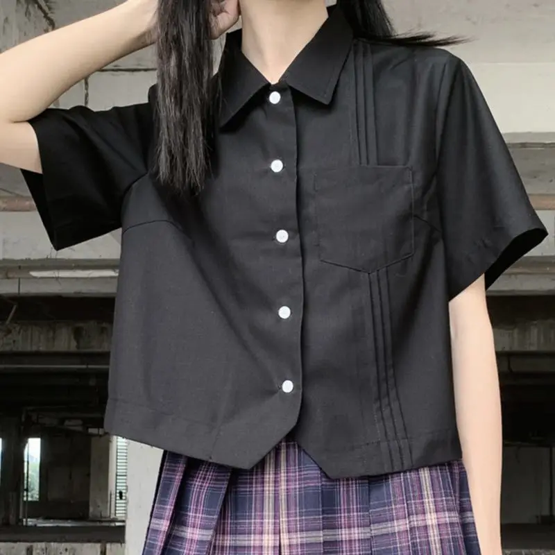 

Кавайная японская Модная рубашка HOUZHOU, женский милый укороченный топ в стиле Харадзюку, летняя униформа Jk с коротким рукавом, блузка для дев...