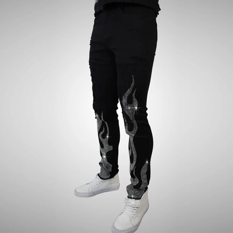 2021 Men's Stretchy Black Jeans Skinny Slim Fit Hot Drill Punk Streetwear Biker Trousers Man Rhinestone Hole Denim Pencil Pants