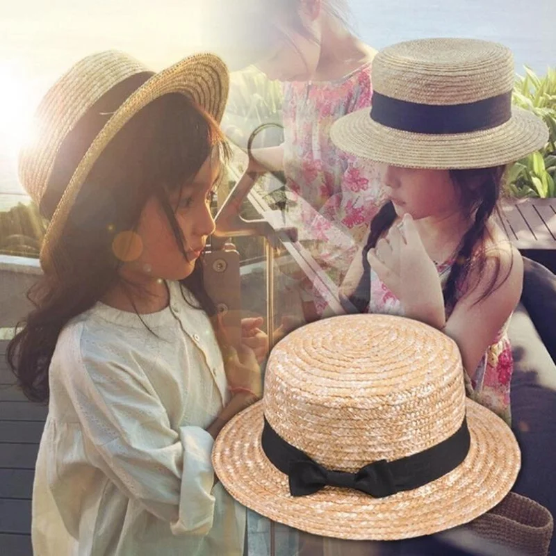 

Женская соломенная шляпа с бантом, летняя пляжная шляпа с широкими полями и лентой, Круглая Плоская Федора 54 см