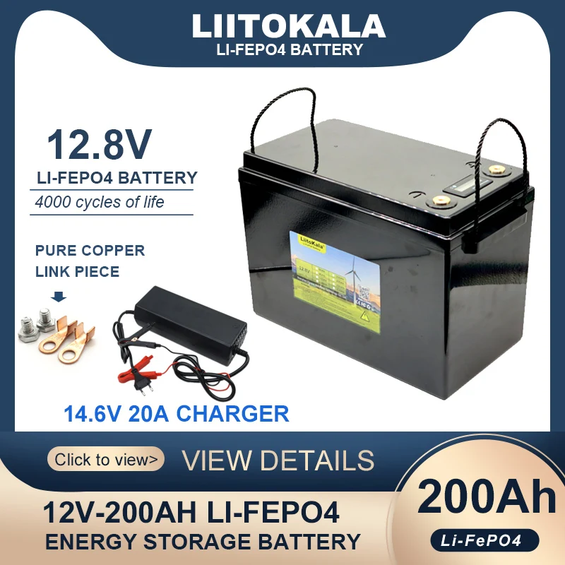 

Liitokala 12.8V 200Ah LiFePO4 Battery Pack with 12V 4S BMS For RV Campers Golf Cart Off-Road Solar Wind 14.6V 20A Charger