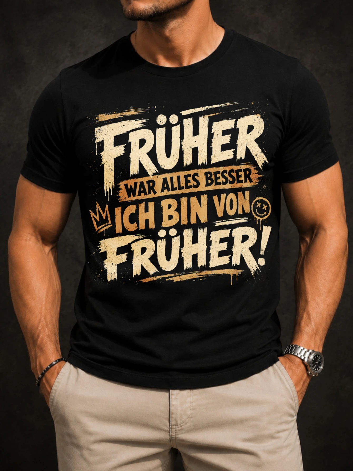 Фото Футболка унисекс Fruher War Alles Besser Graphic с надписью в стиле гранж, короной и рисунком Ich Bin Von Fruher №1