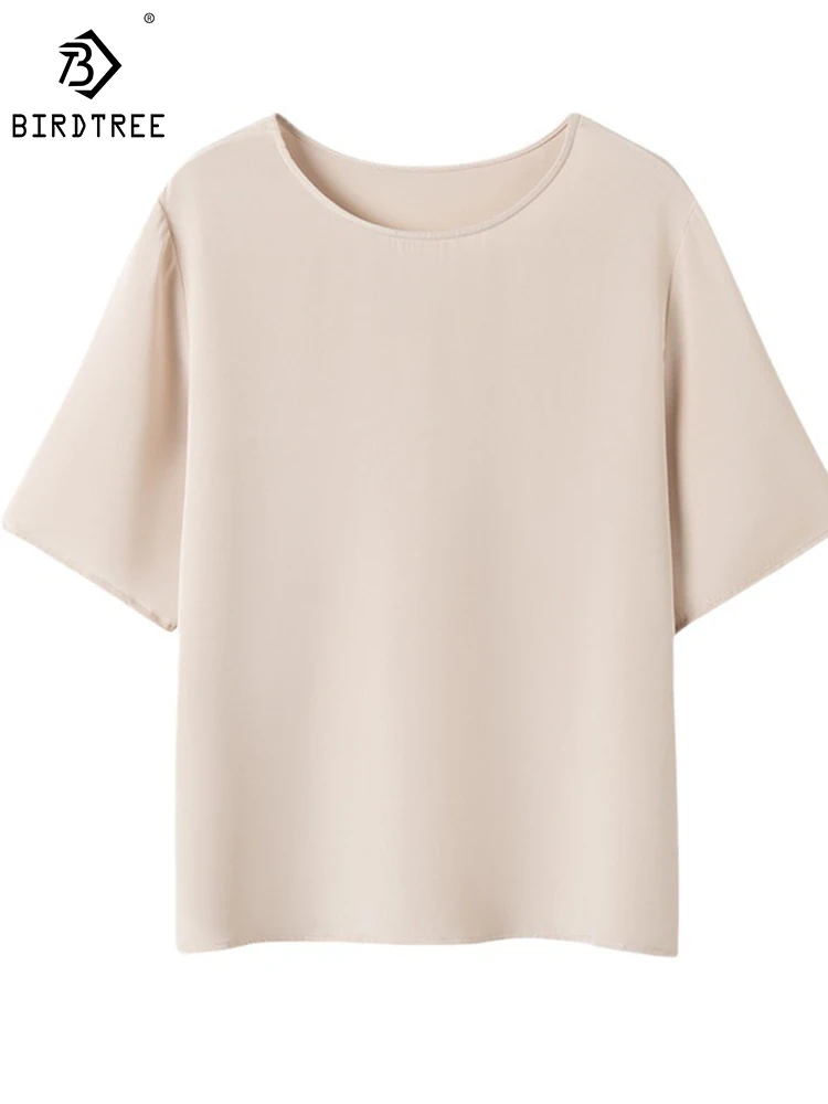

Birdtree 93% шелк тутового шелкопряда женский однотонный Круглый Вырез Свободный топ Корейская версия Комфортная Повседневная летняя одежда T38910QD