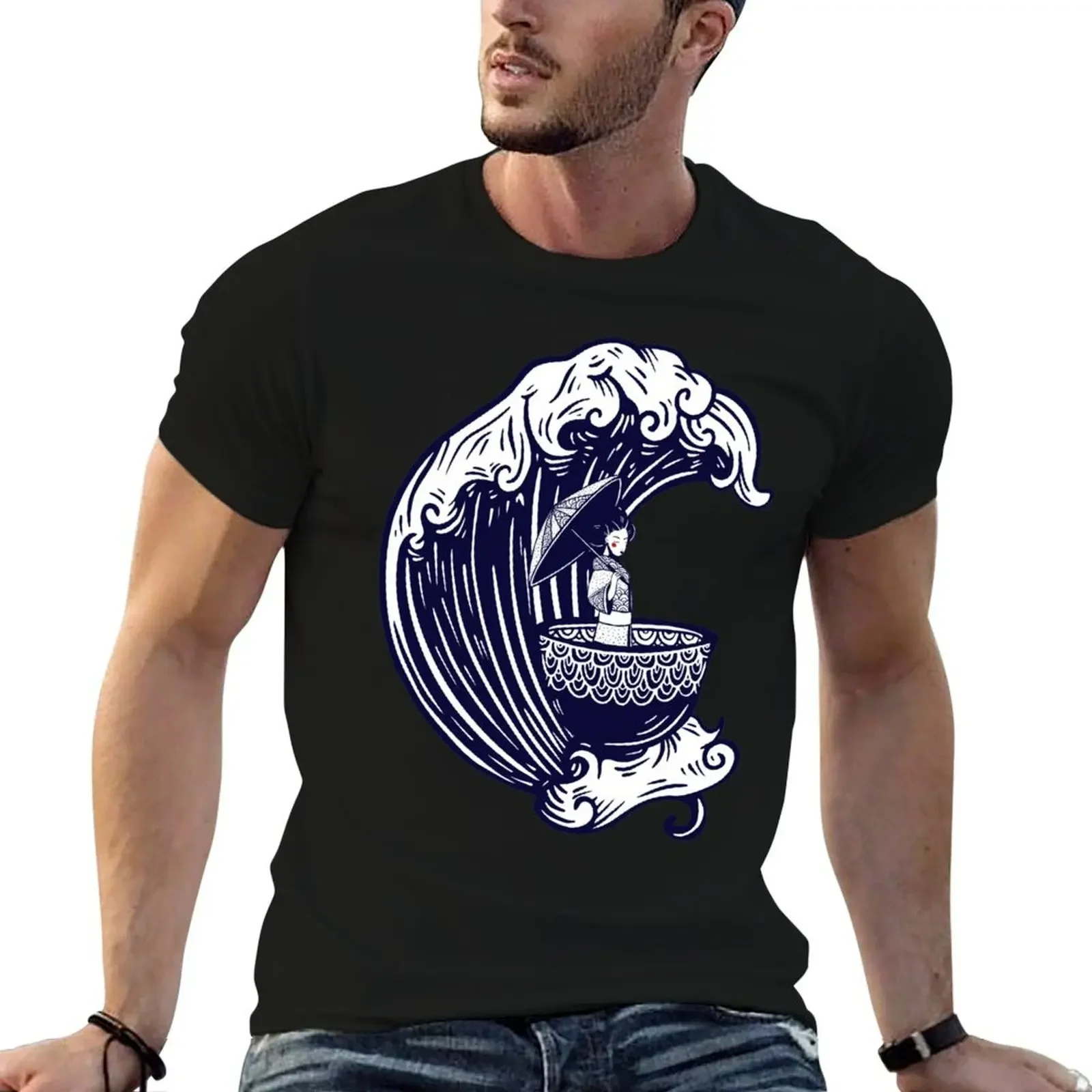 Гейша с волнами. Футболка уличная одежда рубашка на заказ футболки мужские