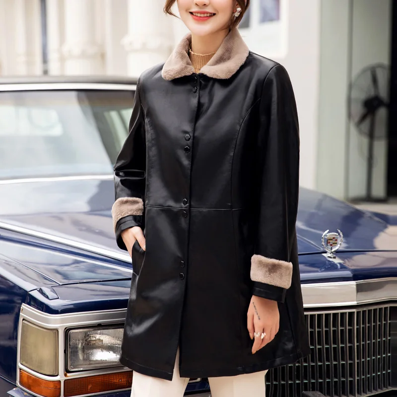 2022 Women's Winter Clothing Thick Warm Pu Leather Clothing Warm Clothing Medium Long Thickened Leather Clothing Women's Coat