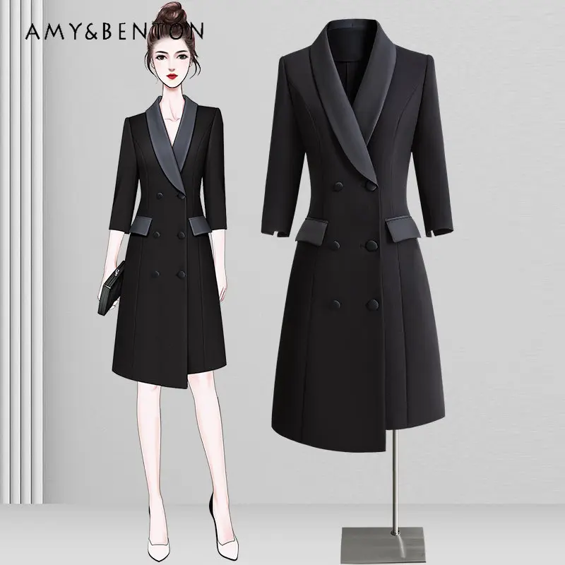 High-Grade Green Collar Business Suit Dress Women's Spring and Autumn Temperament Slim Double-Breasted Irregular Work Clothes