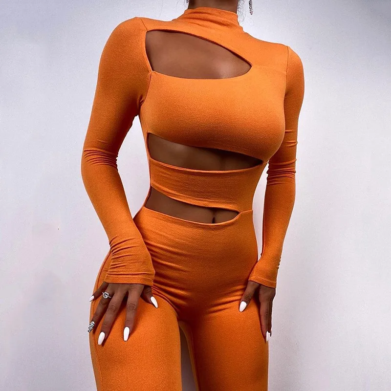 

Woman High Neck Jumpsuit Solid Color Hollow out Long Sleeve Pencil Bodysuit S-L 3Color FD9360