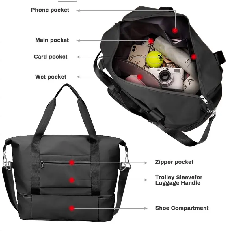 Large Capacity Travel Bags, Carry on Bag with Makeup Bag, Shoulder Strap and Shoe Pouch, Dry Wet Separated Design Duffel Bag Wee