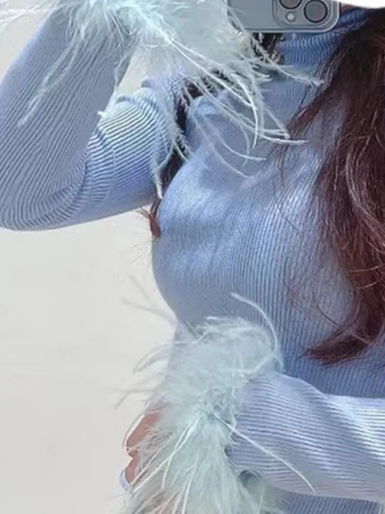 

Women's Sweaters Feather Cuffs Tassel Slim Rib Solid Turtleneck Long Sleeve Pullover Tops England Style