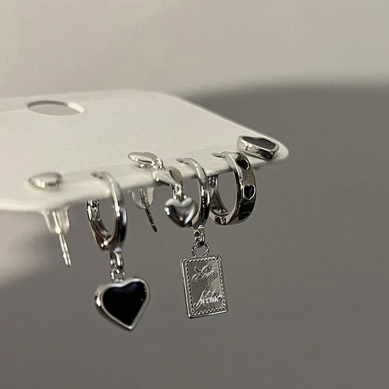 

Silver Color Metal Tassel Chain Love Heart Earring Irregular Geometric Cherry Hoop Earrings for Women Gifts Jewelry 4/6pcs Set