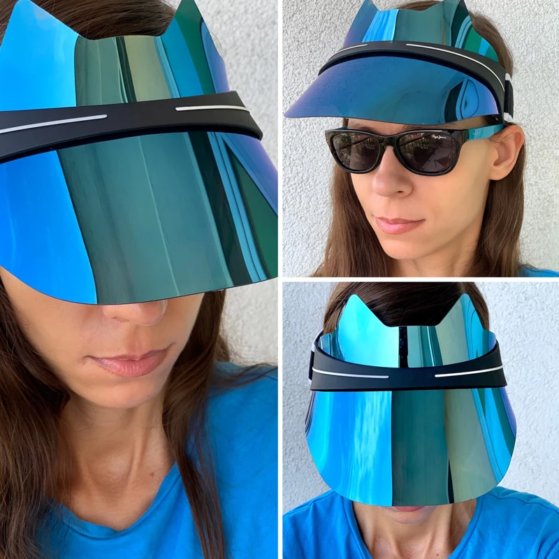 Аква Летние красочные солнцезащитные шляпы Зеркальные кошачьи уши Кепка для