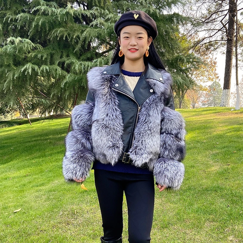 Enlarge Genuine Sheepskin Leather Jacket With Natural Fox Fur Coat Ladies Winter Warm Fashion Luxury Casual Business Silver Fox Jacket