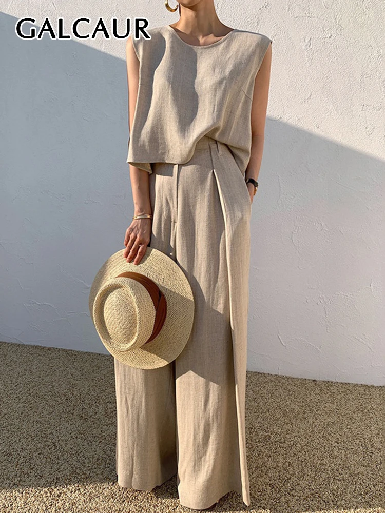 

GALCAUR Fashion Solid Two Piece Set For Women Round Collar Sleeveless Tops High Waist Wide Leg Pants Loose Sets Female 2022 New