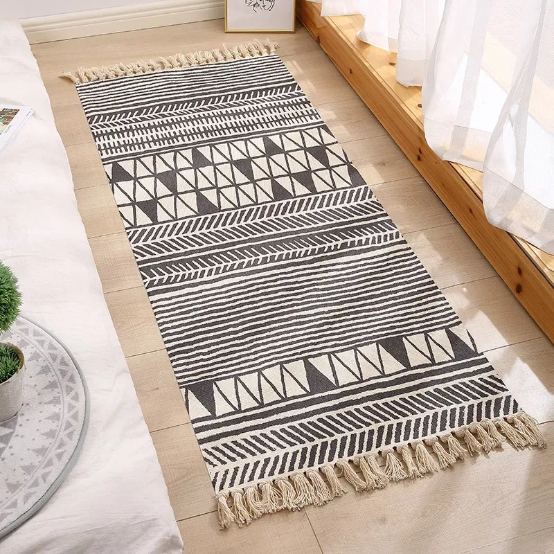 

NEW Retro Bohemian Hand Woven Linen Tassel Rug Geometric Floor Mat Bedroom Tapestry Home Decorative Blanket Area Rug