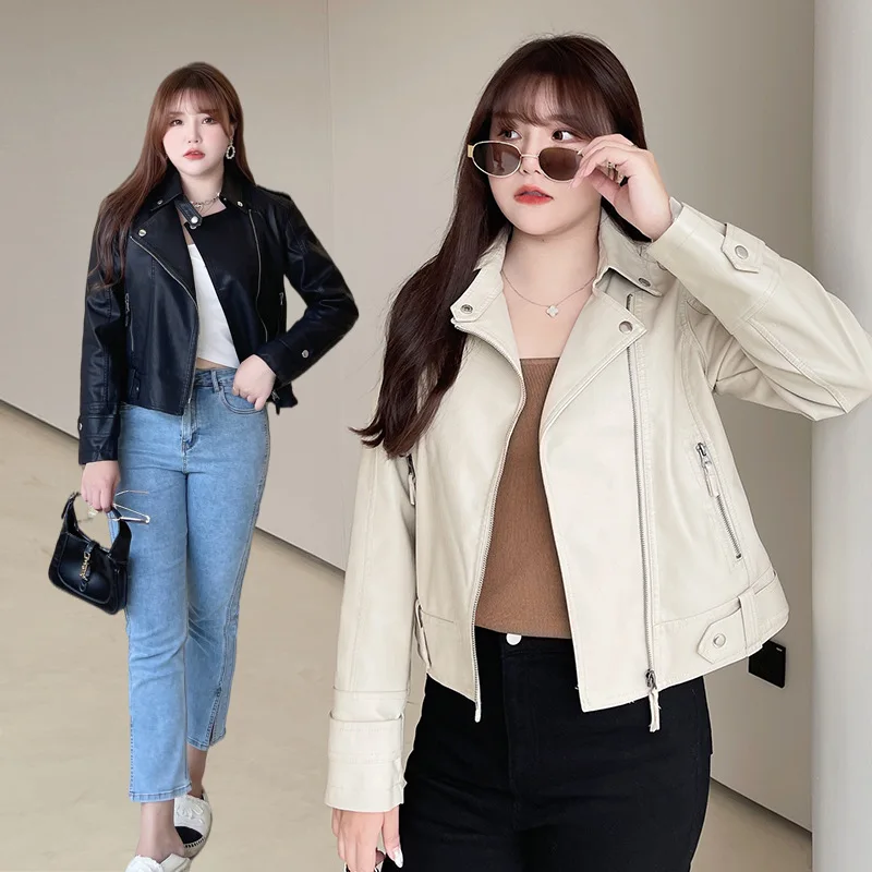 2023new Slim Fit Fashion Temperament Commuter Plus Size Women's Motorcycle PU Leather Jacket Slimming Zipper Jacket PVC