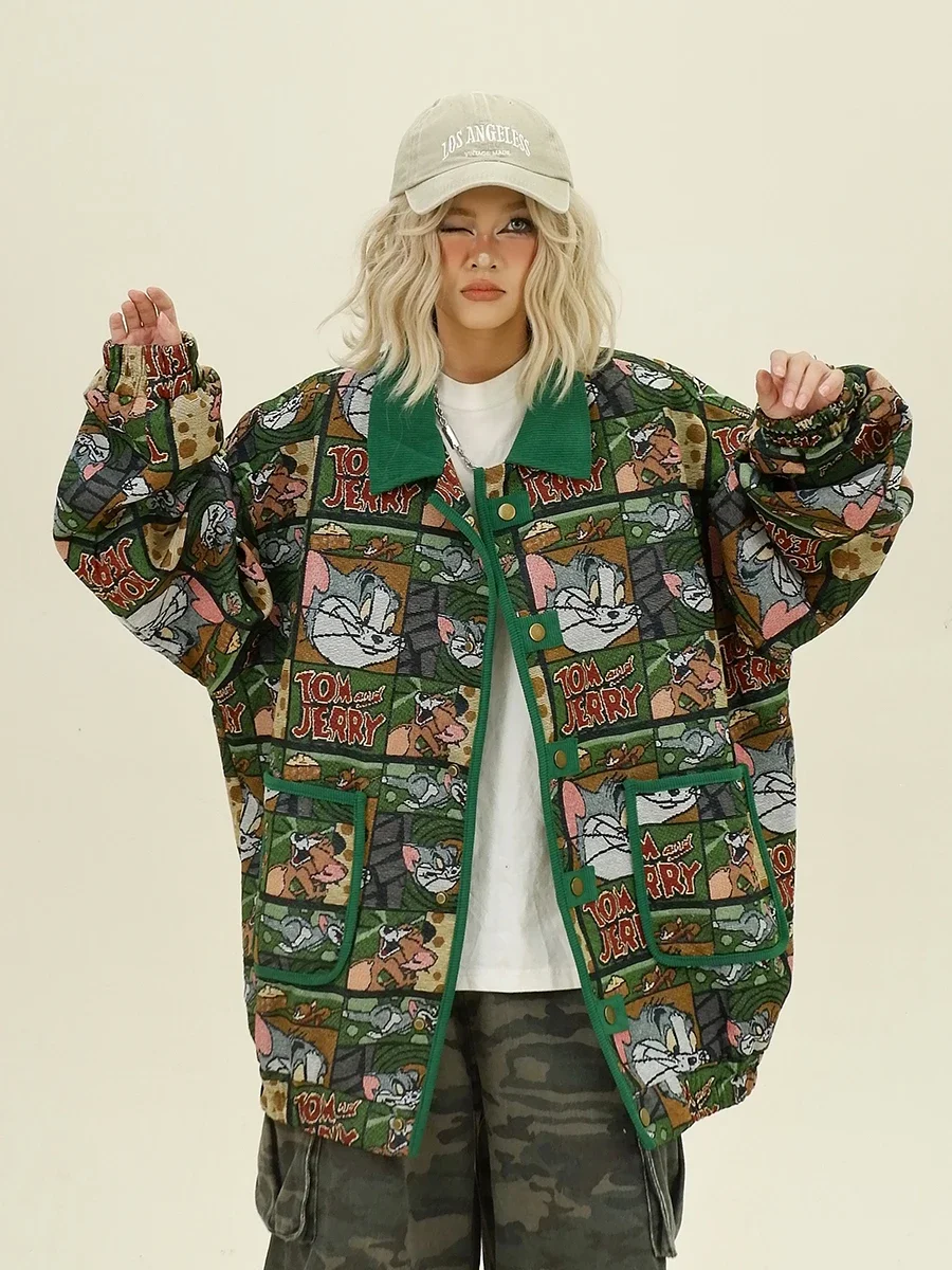 Куртка с отложным воротником изображением веселого кота Новинка осени 2024