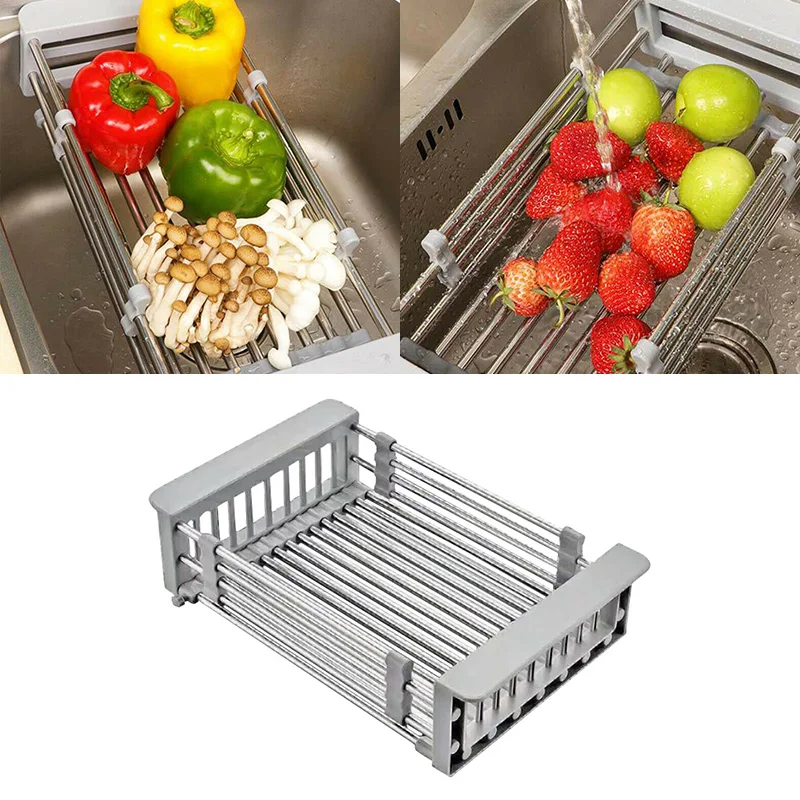

Dish Drying Sink Rack Drain Strainer Adjustable Stainless Steel Basket for Kitchen Storage Vegetable Fruit Wash