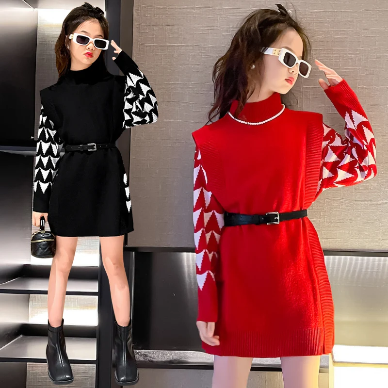 

Big Girl Pullovers 7 8 9 10 Years Girls Long Sweaters Fashion Belt Warm Sweater Splicing Print Girl Autumn 5 6 Years Winter 2023