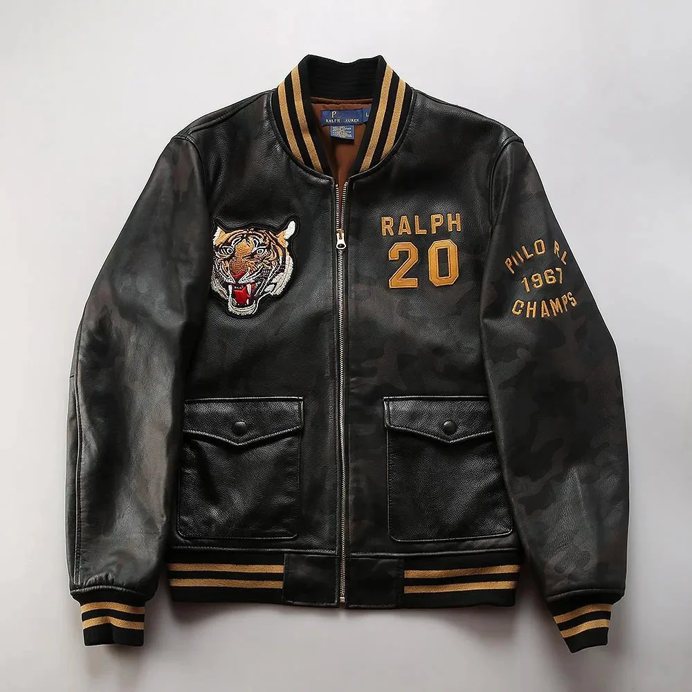 Высококачественная Мужская кожаная куртка с воротником-стойкой бейсбольная