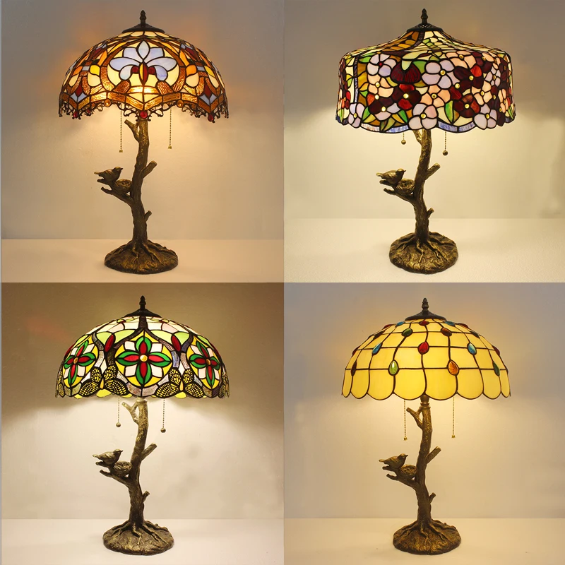 

Цветные настольные лампы Тиффани из витражного стекла для гостиной, декор для спальни, винтажный Средиземноморский полимер, настольная лампа с птицами, ночники