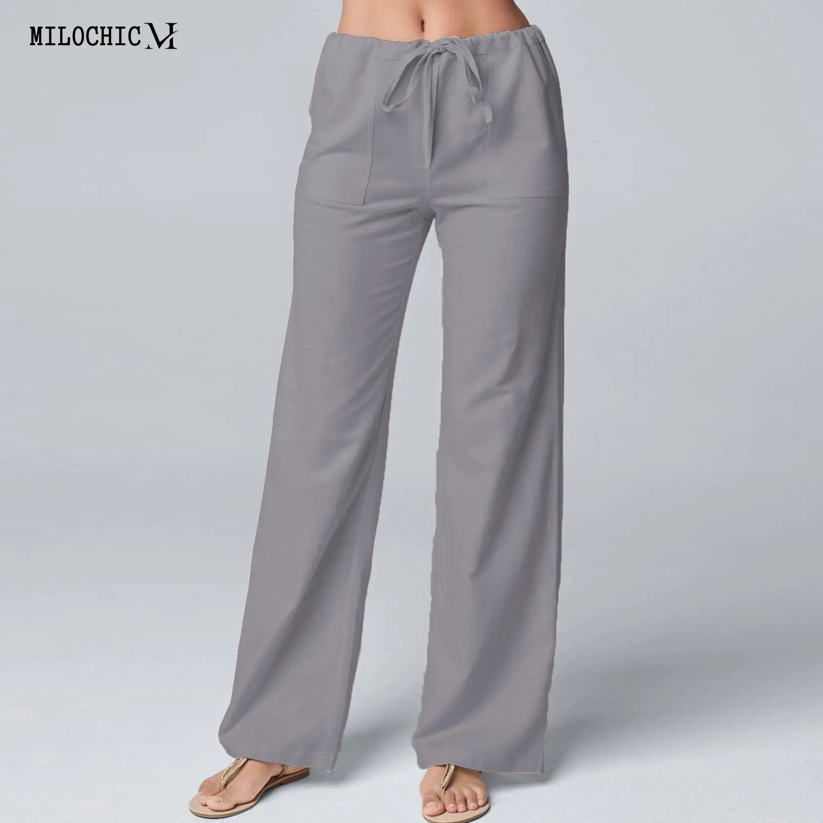 

Women Thin Trousers Solid Color Casual Trousers High Waist Elastic Waist Soft Full Length Ladies Loose Daily Wear