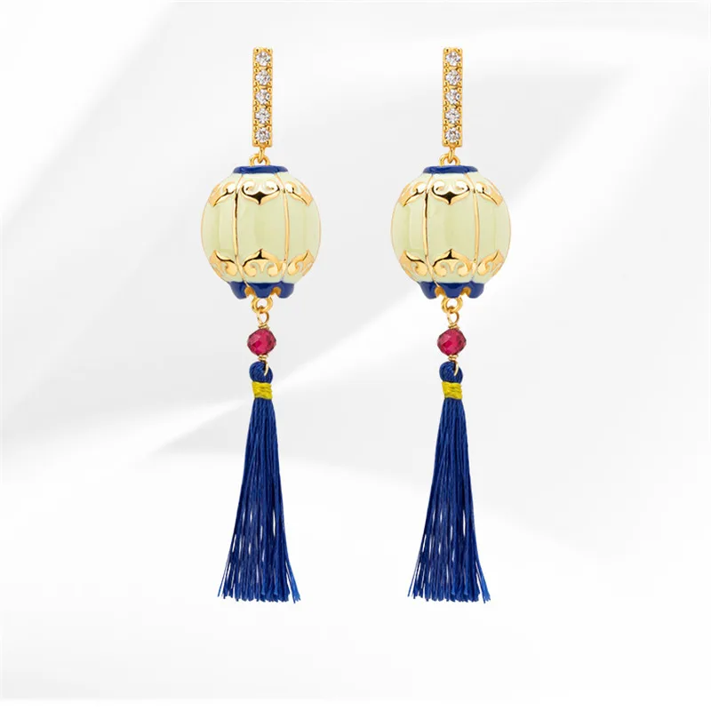 

Chinoiserie "Elegant Palace Lantern" Temperament Hanfu Guofeng Ancient Earrings Lantern Earrings Tassel Designer Long